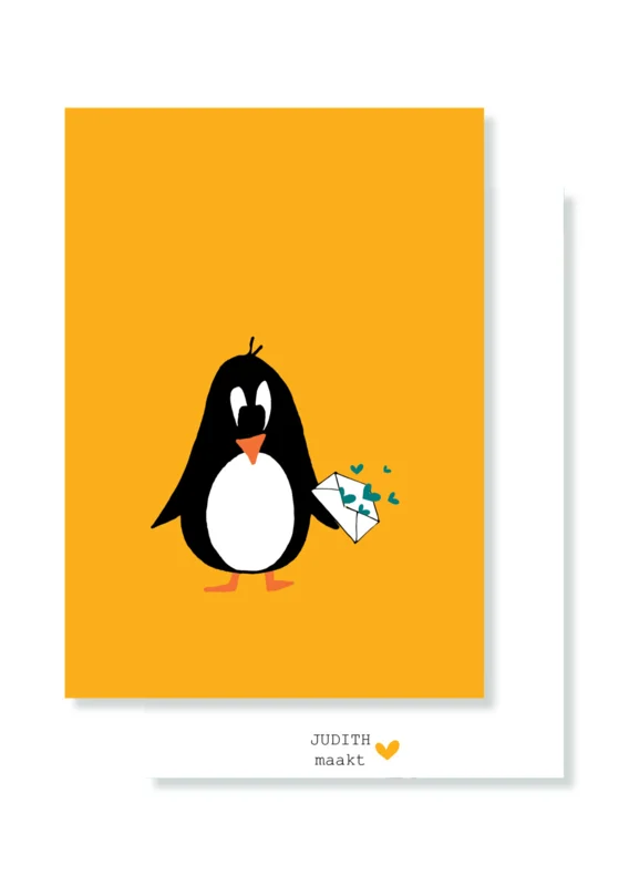 Kaart Pinguin met envelop vol hartjes